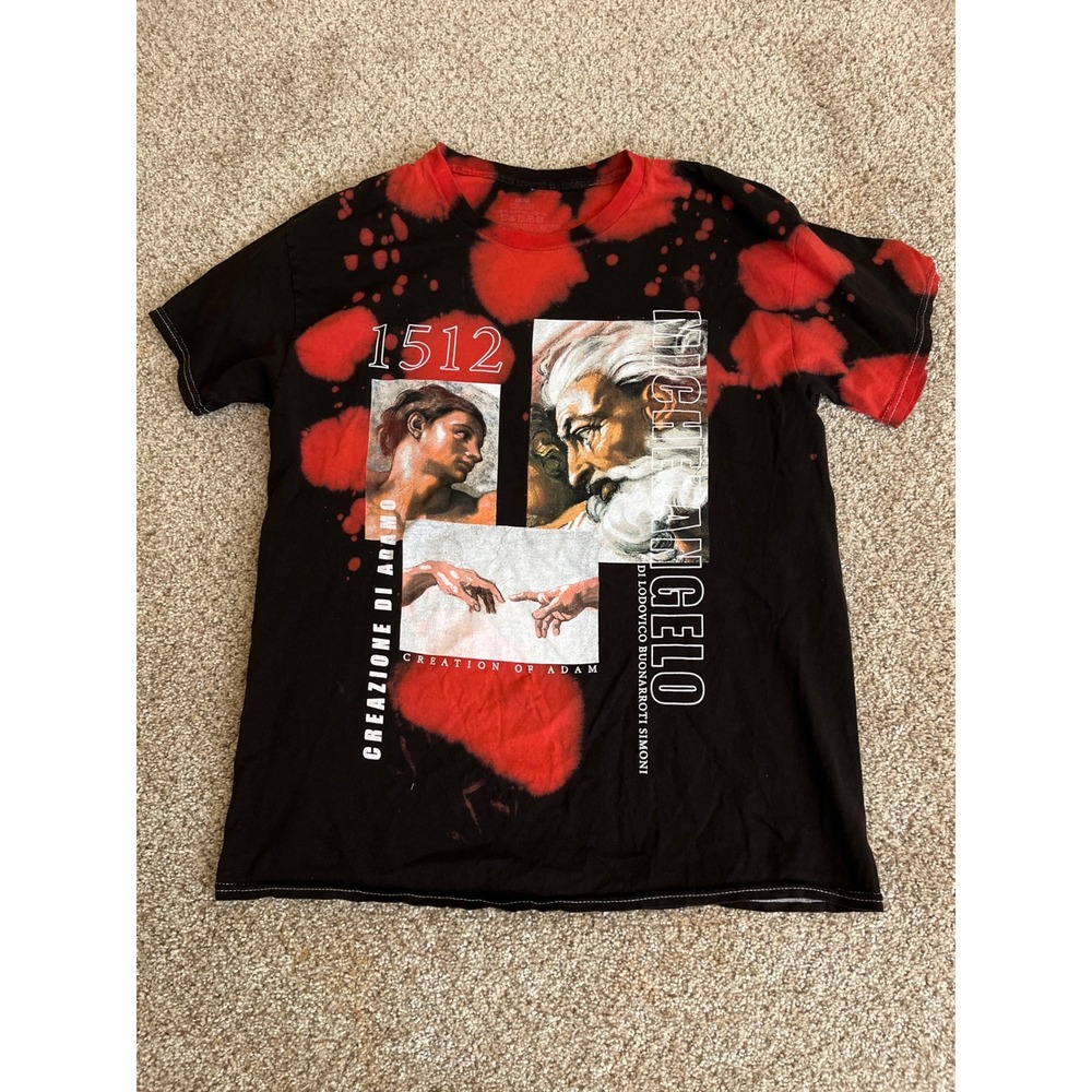 Michelangelo Creation of Adam Graphic Jesus Tee Black Red Bleach Dye Medium